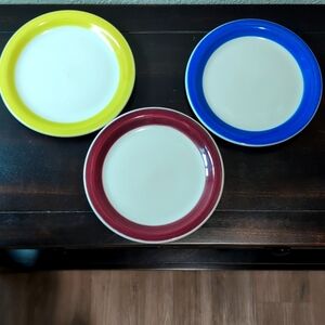 Three (3) Rego Restaurant Quality Bread & Butter Salad Plates Blue Yellow Red 8"